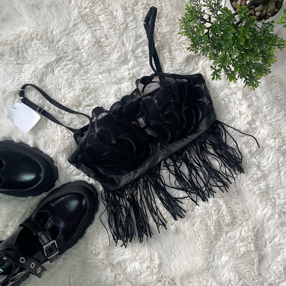 Intimissimi Black Bra with Tassels, Eco Leather & Mesh – Approx. Size Small